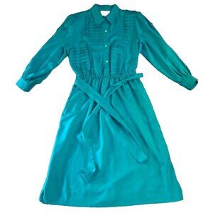 Vintage Silk Shirt Dress Womens Casi Teal Green 80s Long Sleeve Belt Pockets 12
